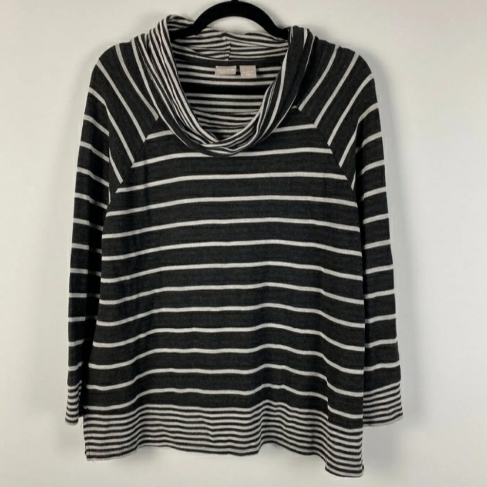 CHICO'S Black / Dark Gray Striped Cowl Neck Top M 8 - 10